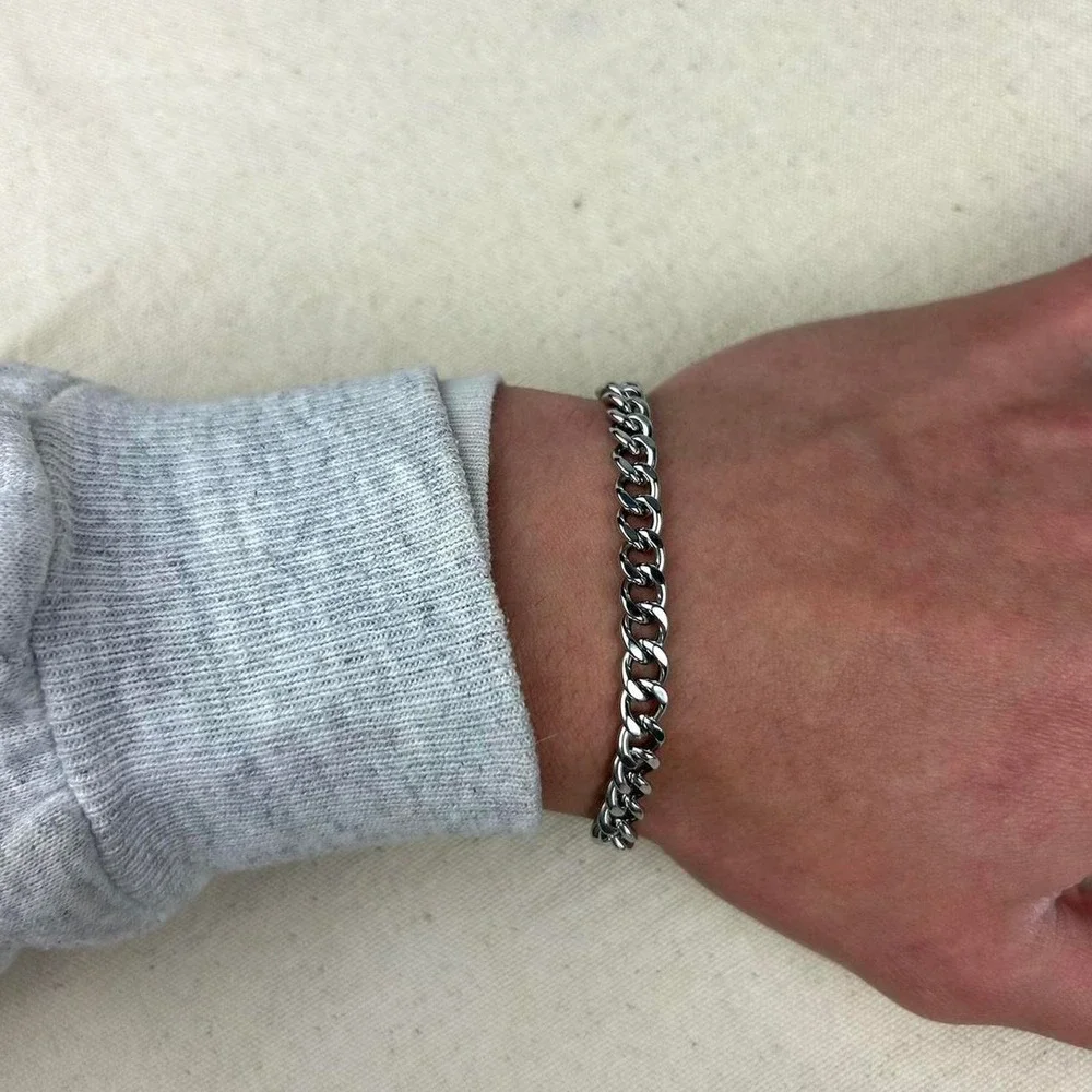 Vintage style stainless steel silver cuban link chain bracelet grunge punk 7mm